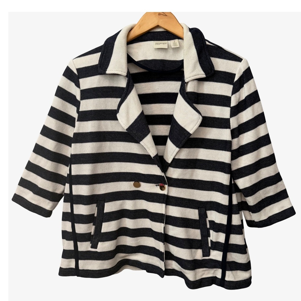 Zenergy by Chicos Sz 2 Preppy Navy Blue White Striped Knit Blazer Jacket Coastal